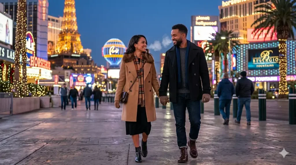 Couple in warm winter outfits walking the Las Vegas Strip at night with holiday lights and casino neon signs glowing