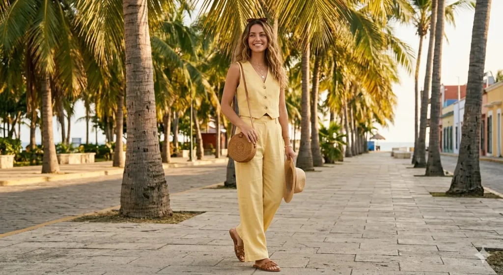 Woman wearing a butter yellow linen matching set as a spring break outfit on a palm-lined street