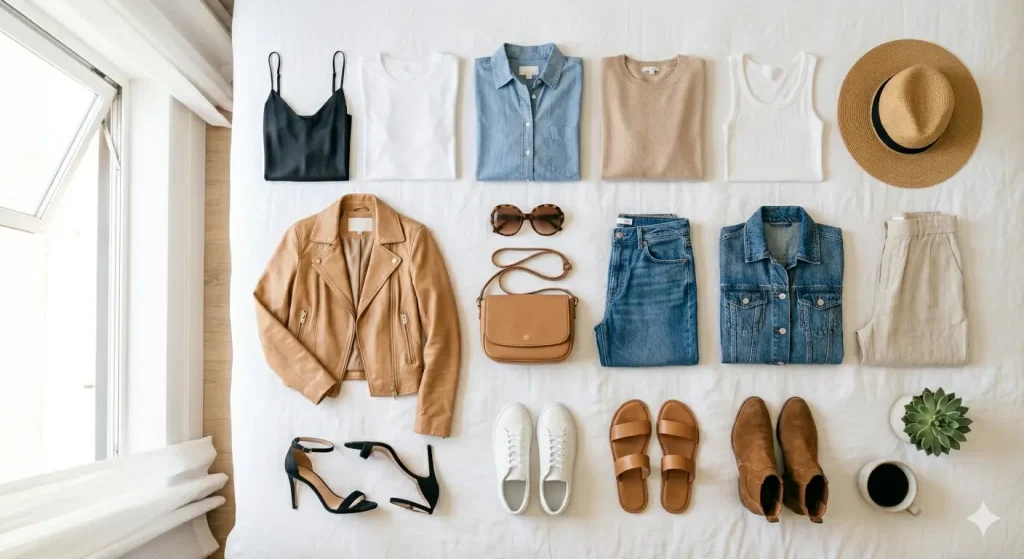 Overhead flat lay of a 15-piece Los Angeles capsule wardrobe on a white bed including jeans, linen pants, t-shirts, a denim jacket, white sneakers, sandals, ankle boots, and accessories