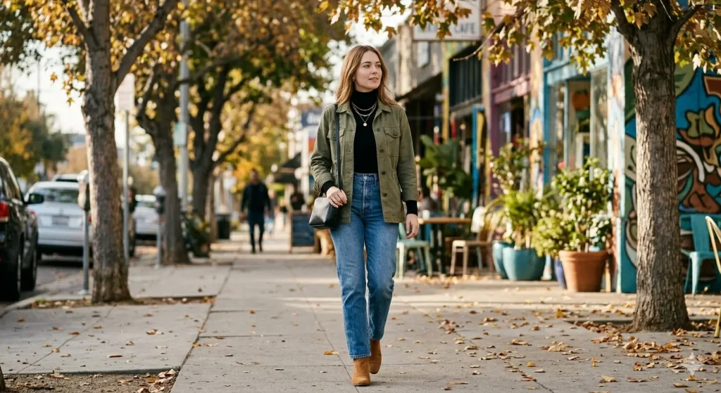 Woman in a black turtleneck, vintage-wash jeans, camel suede ankle boots, and olive utility jacket walking through Los Angeles Silver Lake neighborhood in fall