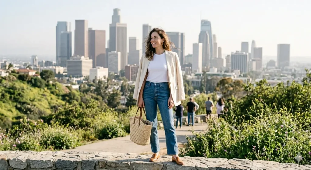 Woman in a white tee, bootcut jeans, cream linen blazer, and tan loafers at a Los Angeles overlook with the city skyline in the background — ideal LA spring outfit