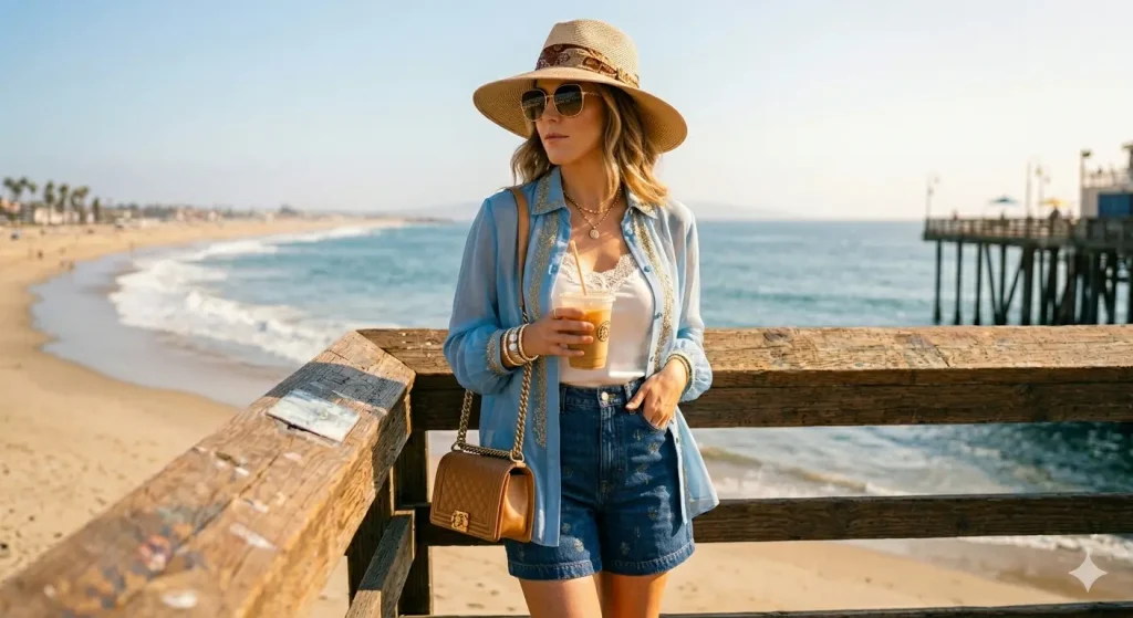 Woman in a linen button-down shirt and denim shorts standing near Santa Monica Pier with the ocean behind her, wearing a straw hat and sandals for a classic LA summer beach day look