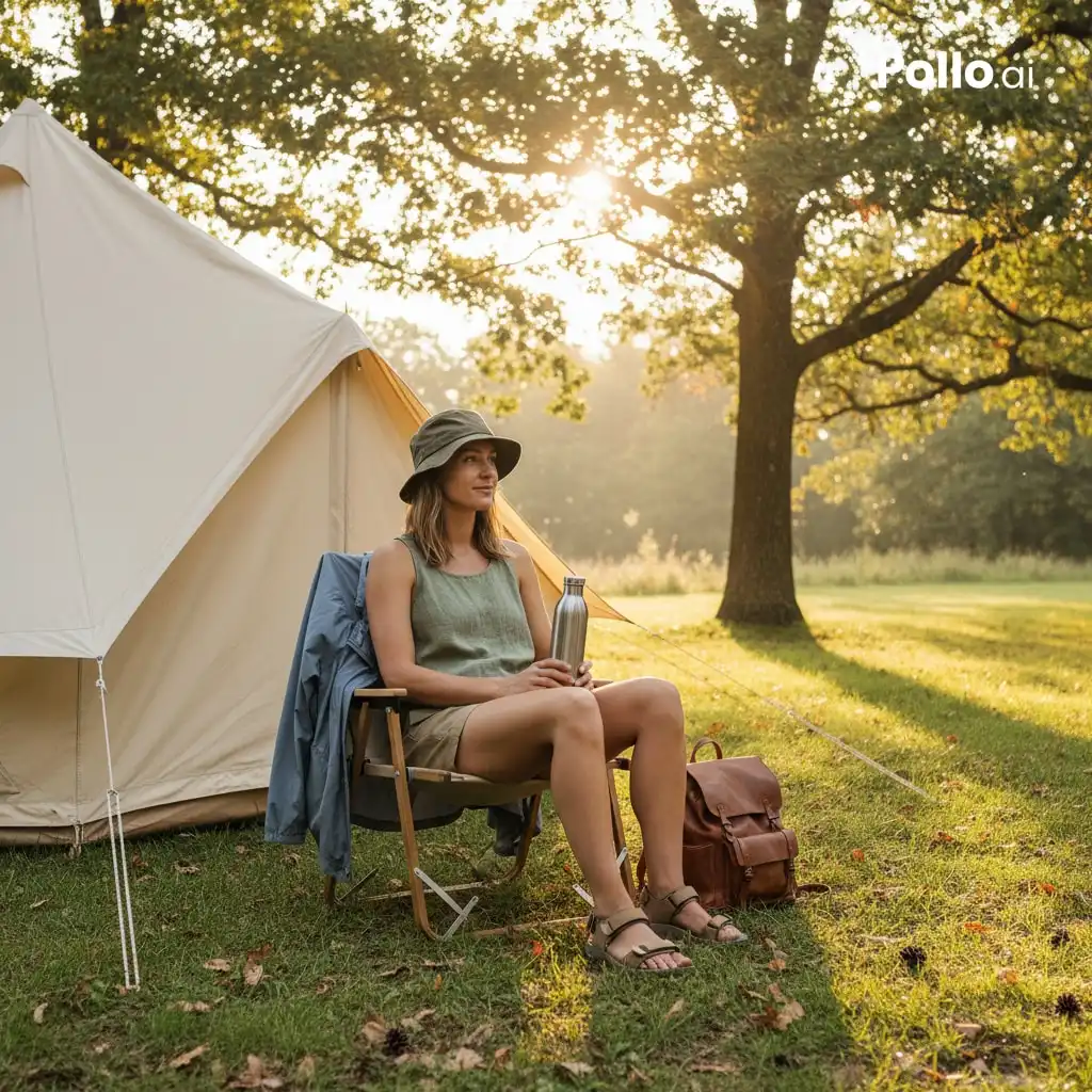camping festival outfit for Bonnaroo — linen tank hiking sandals and rain jacket by tent