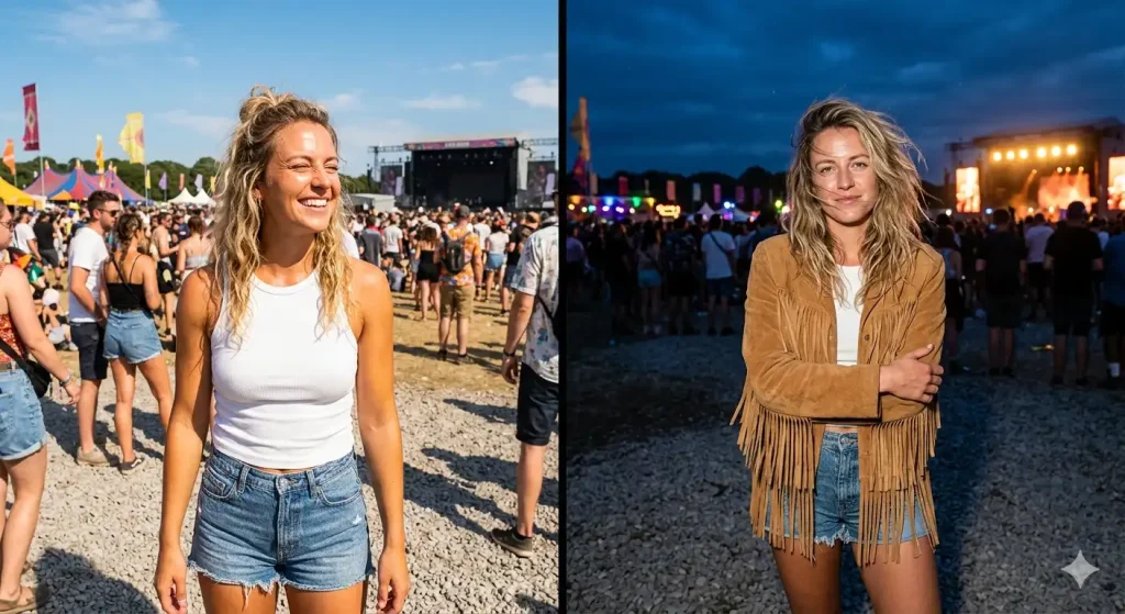 festival outfit day to night temperature drop — afternoon tank vs evening fringe jacket layer