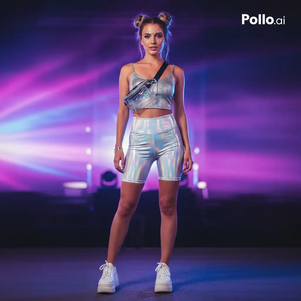 EDM rave festival outfit — metallic crop top holographic biker shorts and glow accessories at night