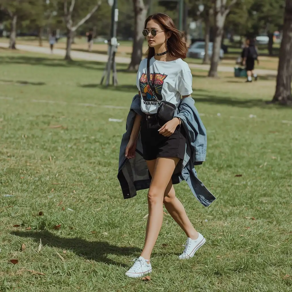 urban festival outfit for Lollapalooza — graphic tee denim shorts and white sneakers in city park