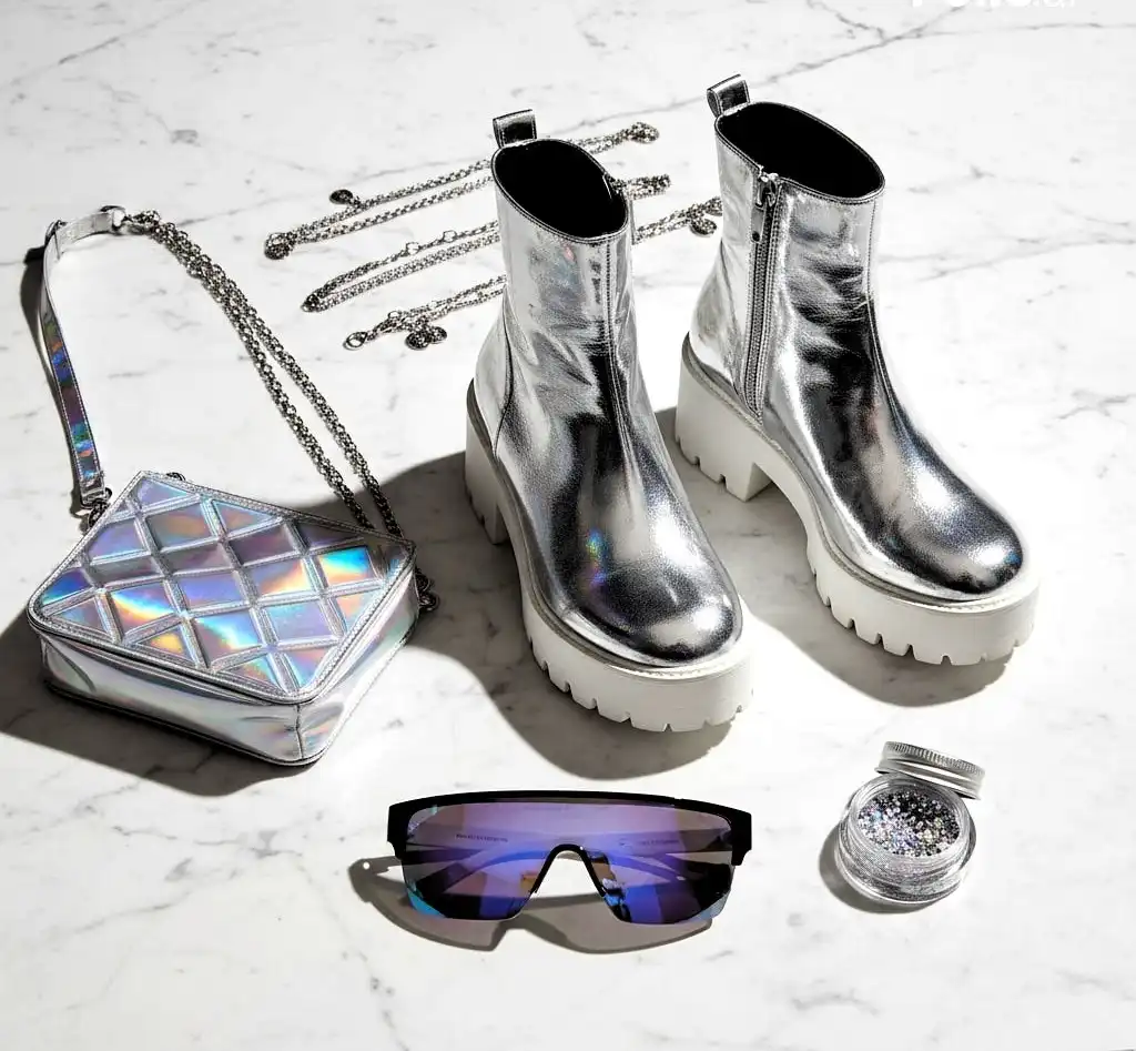 2026 festival fashion metallic trend — chrome boots holographic bag and silver accessories