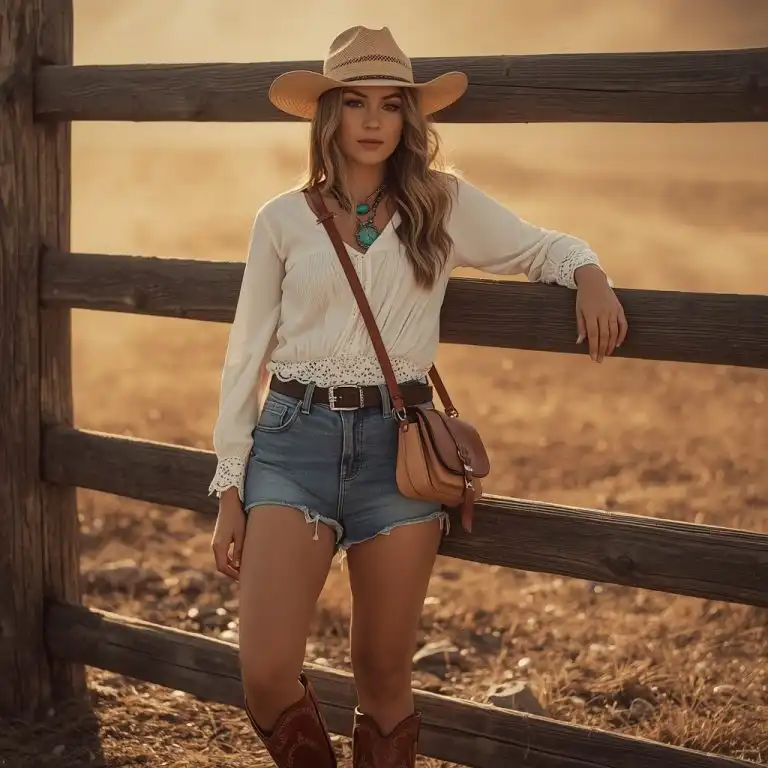 Stagecoach country concert outfit — cowboy boots denim shorts and lace blouse with cowboy hat