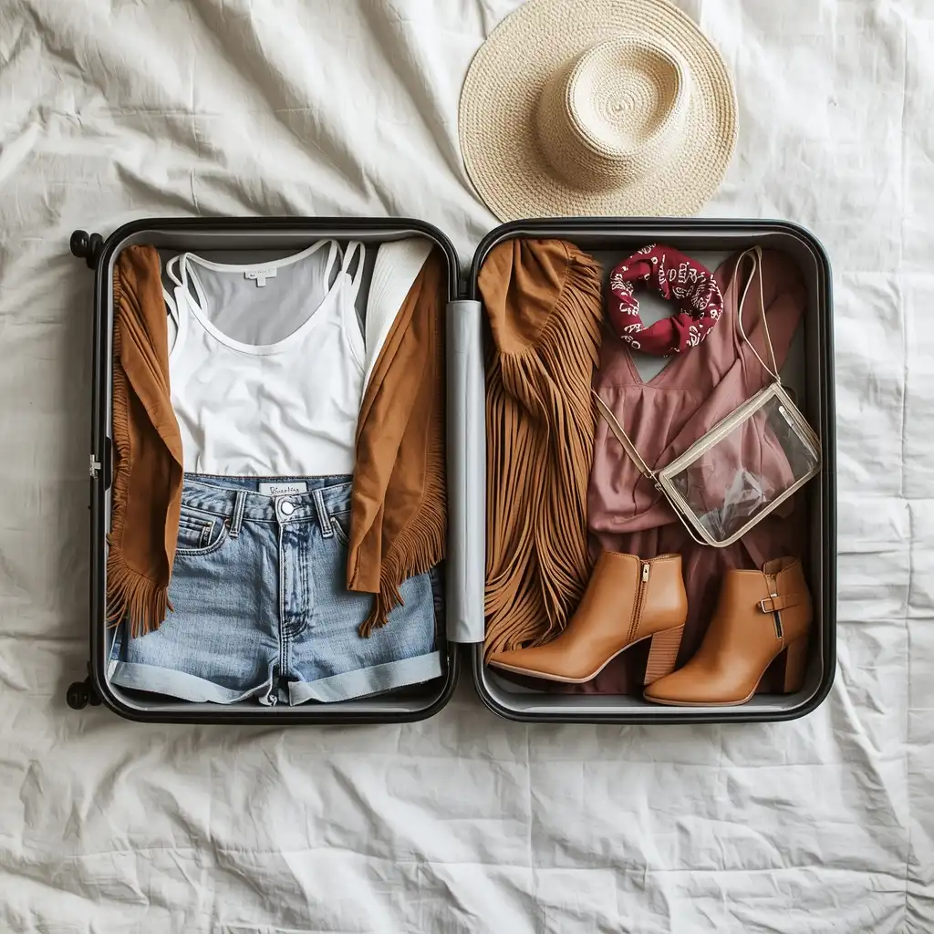 music festival outfits USA capsule wardrobe — packed suitcase with 13 versatile pieces