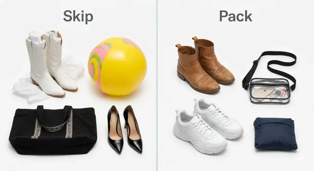 music festival outfits USA common mistakes — skip new boots and heels vs pack broken-in shoes and clear bag