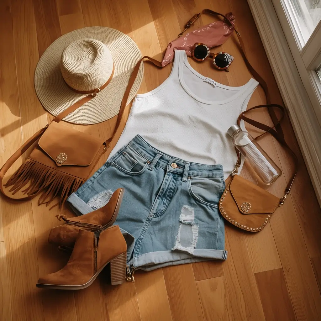 music festival outfits USA — curated festival packing flat lay with denim shorts boots and fringe bag