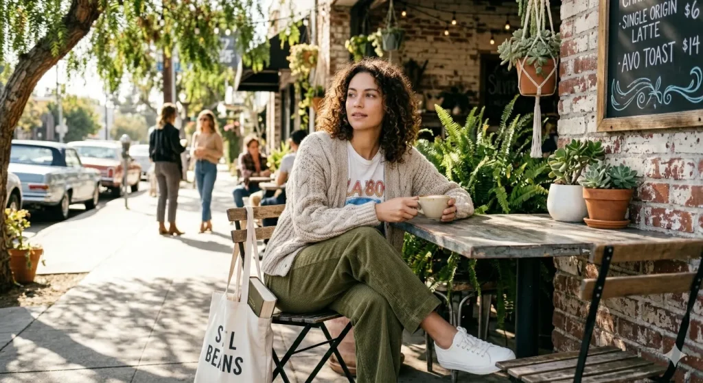 Woman in a chunky knit cardigan, vintage tee, and olive corduroy pants sitting at a Silver Lake Los Angeles coffee shop — indie bookish style for LA creative neighborhoods