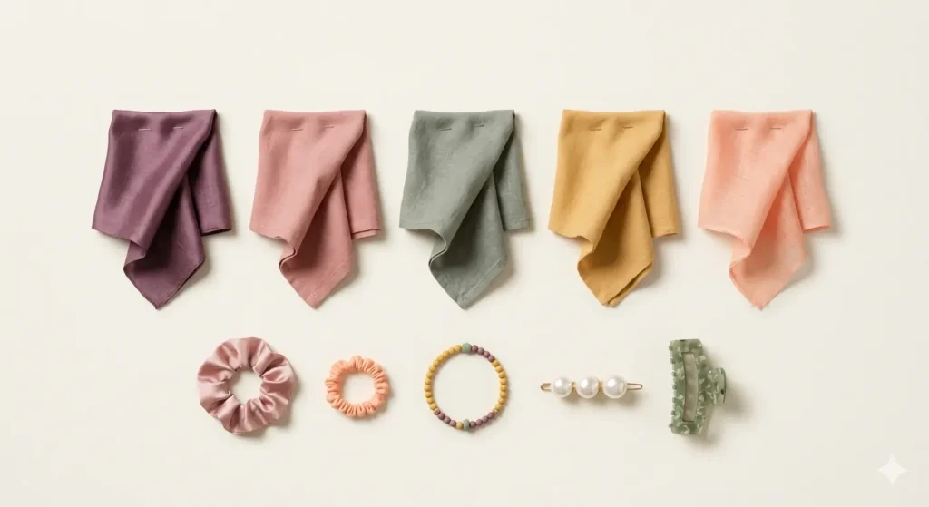 Spring break 2026 trending pastel color palette with burnished lilac, dusty rose, sage green, acacia yellow, and melon fabric swatches