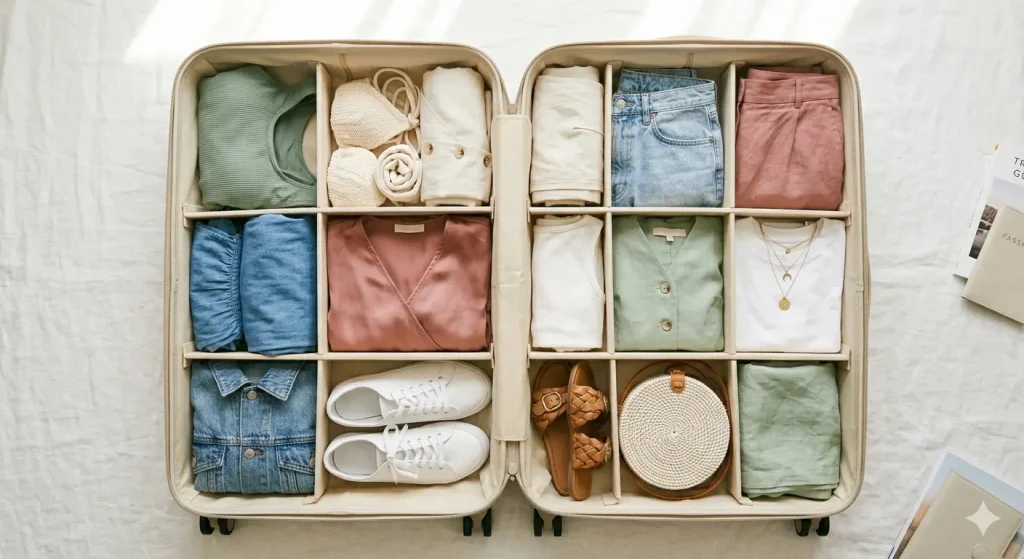Spring break 2026 capsule wardrobe with 15 versatile pieces packed in an open suitcase in a sage green and cream color palette