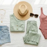 Spring break outfits 2026 packing flat lay with linen matching set, one-piece swimsuit, straw hat, sandals, and gold jewelry on white background