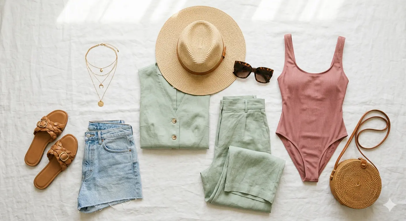 Spring break outfits 2026 packing flat lay with linen matching set, one-piece swimsuit, straw hat, sandals, and gold jewelry on white background