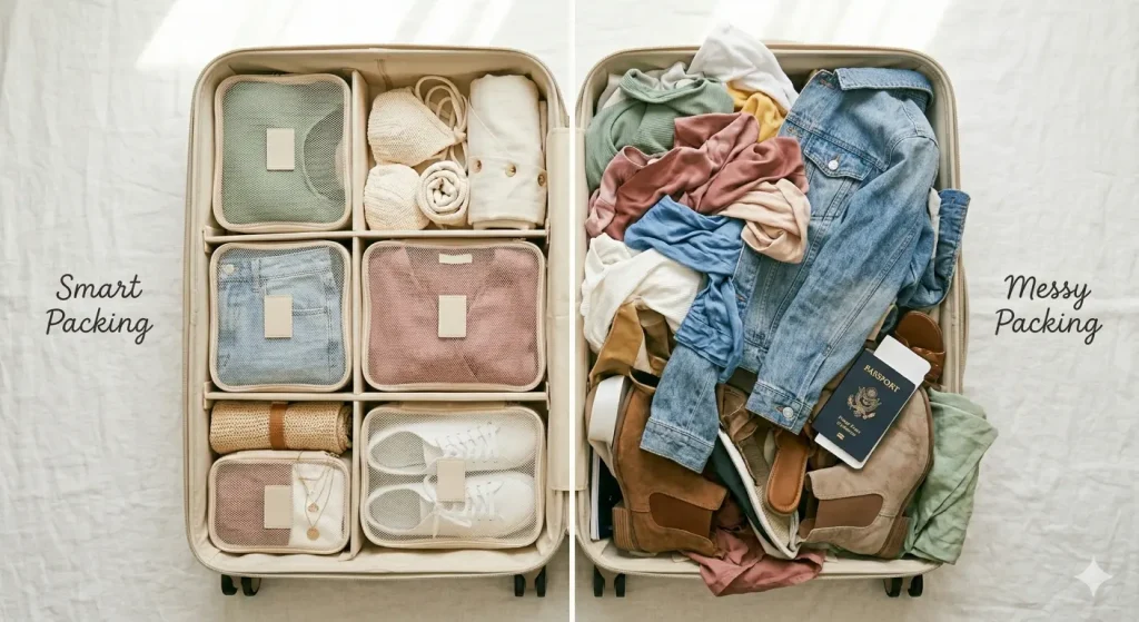 Smart spring break packing versus overpacking comparison showing an organized carry-on suitcase next to an overstuffed messy suitcase