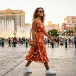 Stylish woman walking the Las Vegas Strip at golden hour wearing a chic summer outfit with the Bellagio fountains in the background