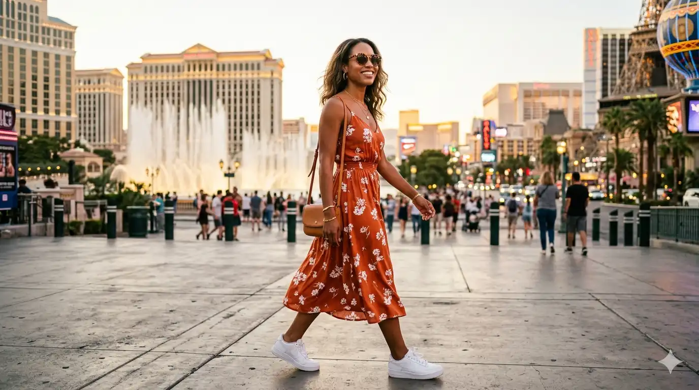 Stylish woman walking the Las Vegas Strip at golden hour wearing a chic summer outfit with the Bellagio fountains in the background