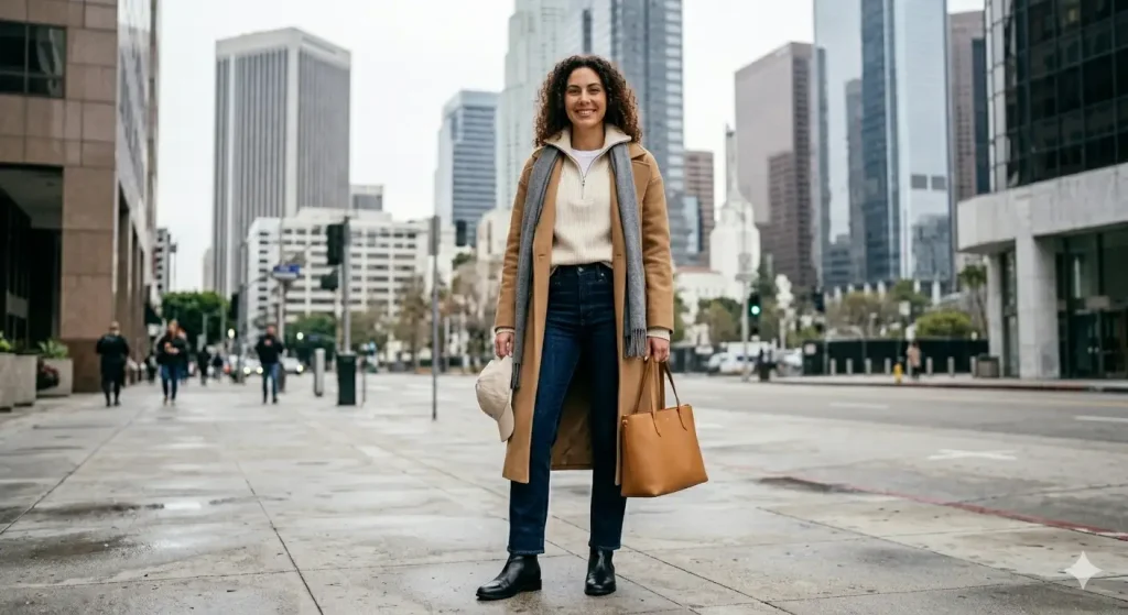 Woman wearing a cream quarter-zip sweater, dark jeans, camel wool coat, and black leather boots on a cool winter day in Downtown Los Angeles