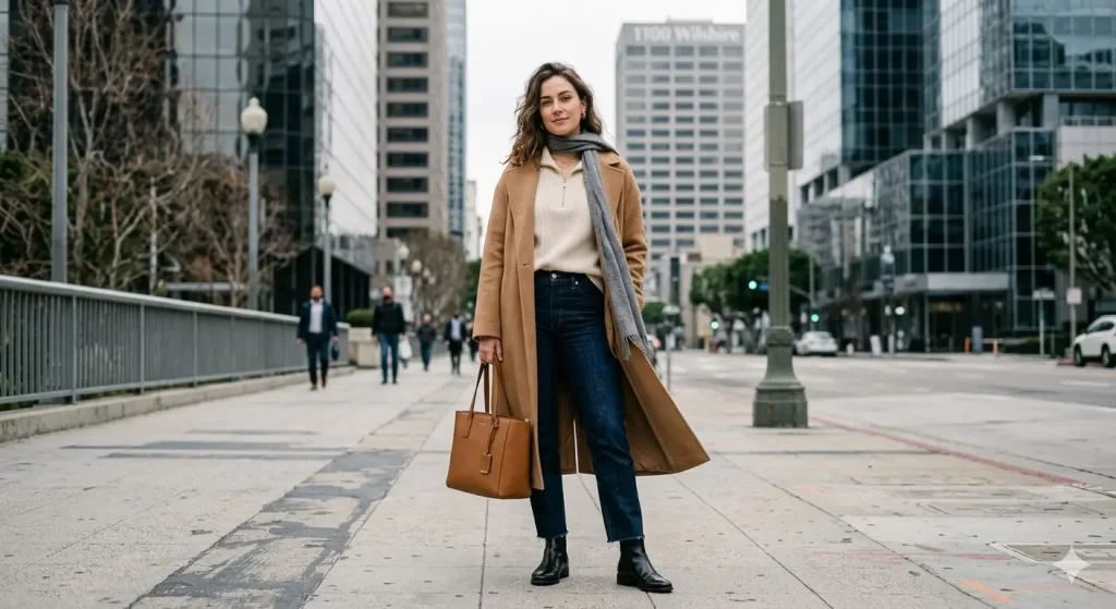 Woman wearing a cream quarter-zip sweater, dark jeans, camel wool coat, and black leather boots on a cool winter day in Downtown Los Angeles