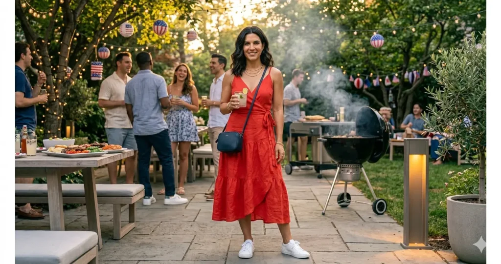 Woman in casual festive outfit at outdoor 4th of July backyard BBQ celebration