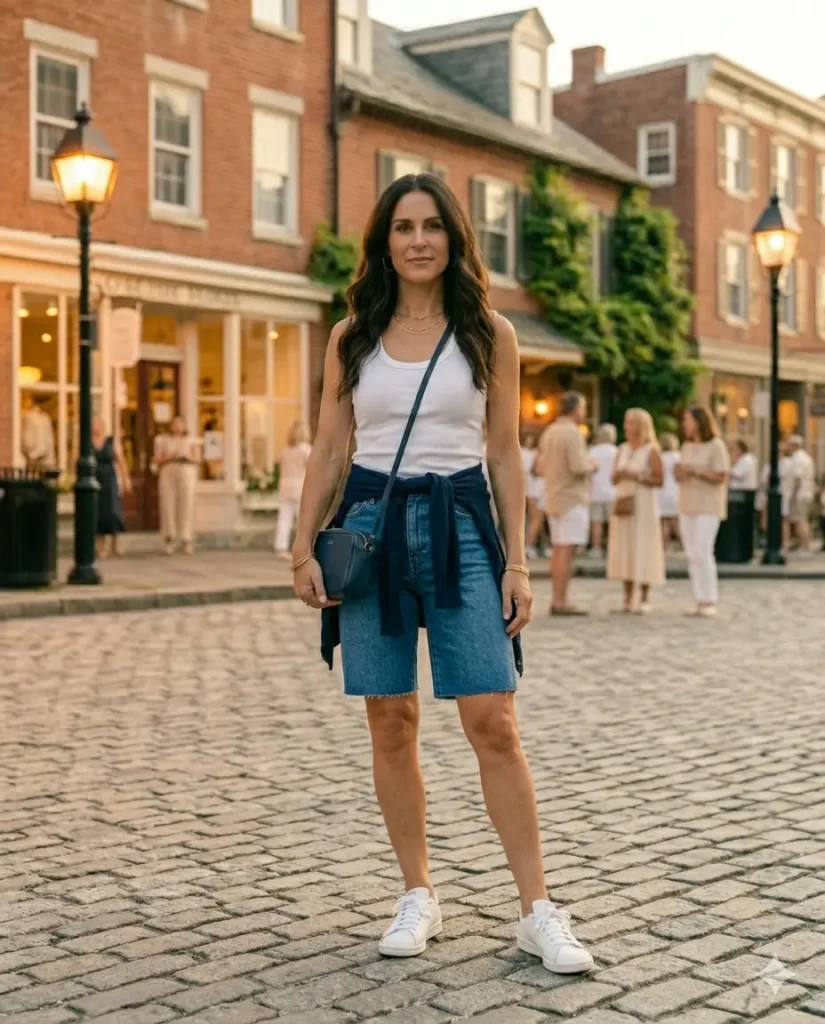 Woman in high-waited denim shorts and white ribbed tank top for casual 4th of July BBQ