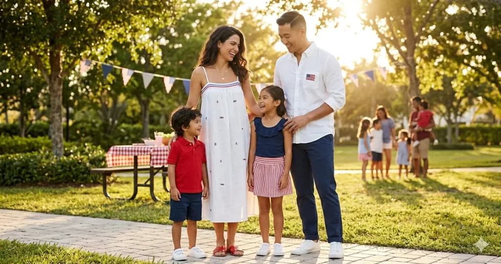 Coordinated family in red white and navy outfits for 4th of July family photo