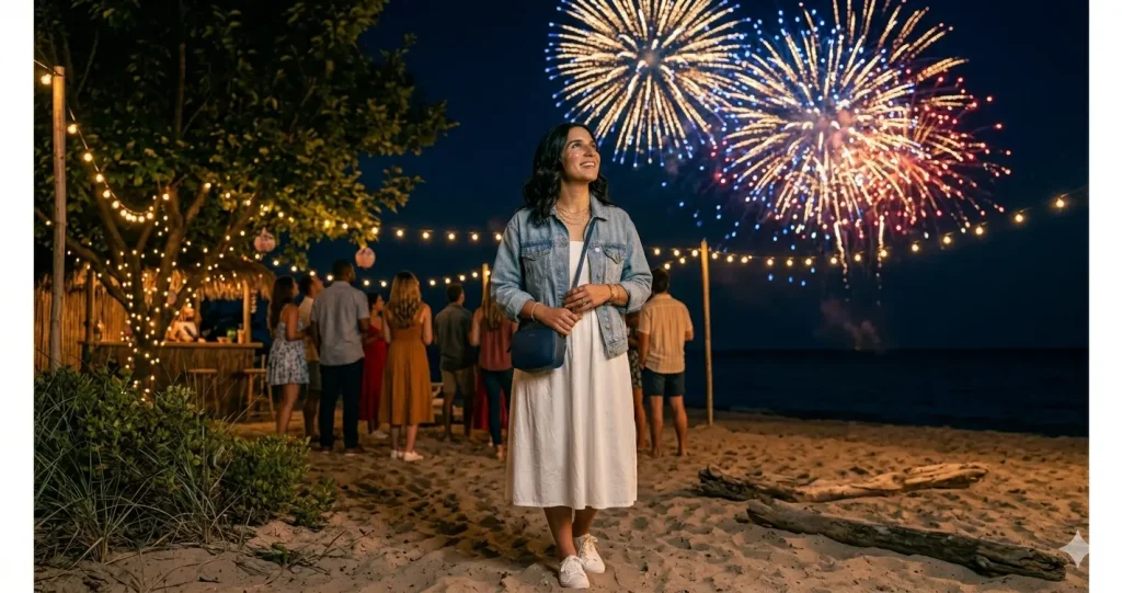 Woman in white midi dress and denim jacket watching 4th of July fireworks at night