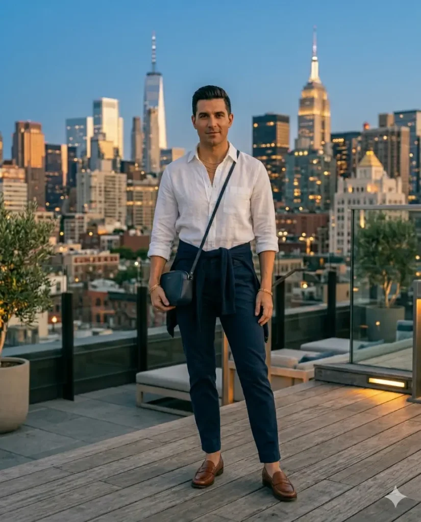 Man in navy chinos and white linen button-up shirt for 4th of July rooftop party