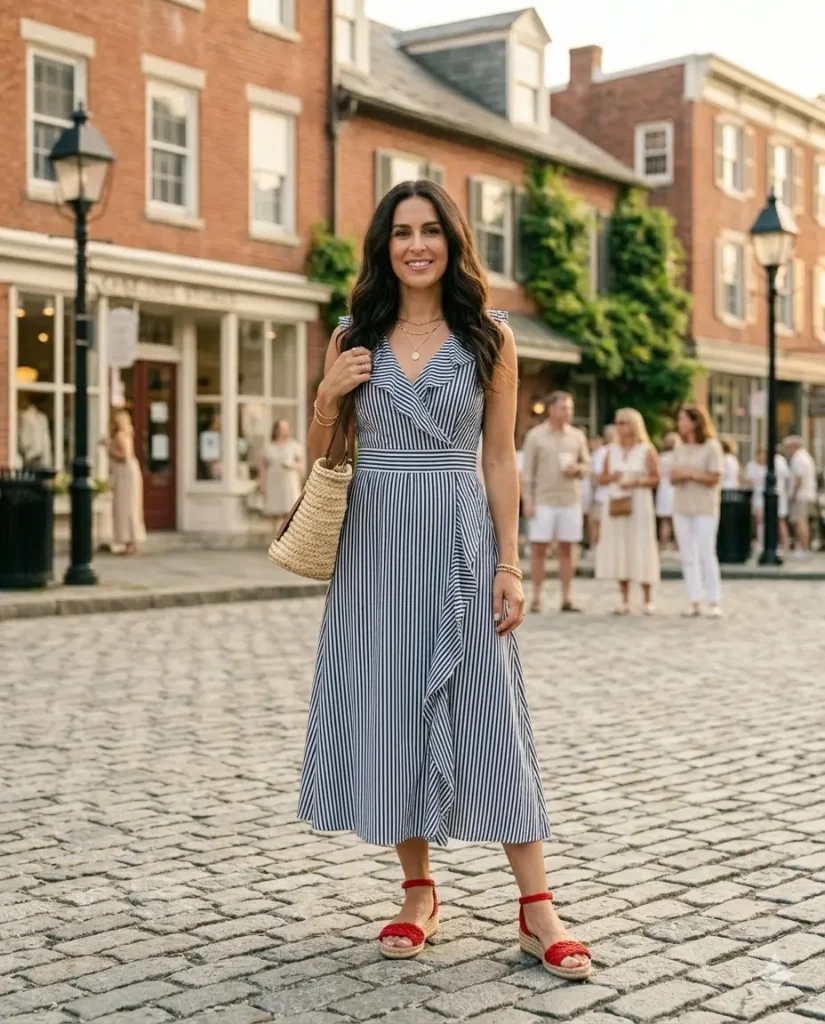 Woman in navy and white striped midi dress with red espadrilles for Independence Day