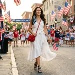 Stylish woman in elevated white midi dress walking near American flag decorations on 4th of July