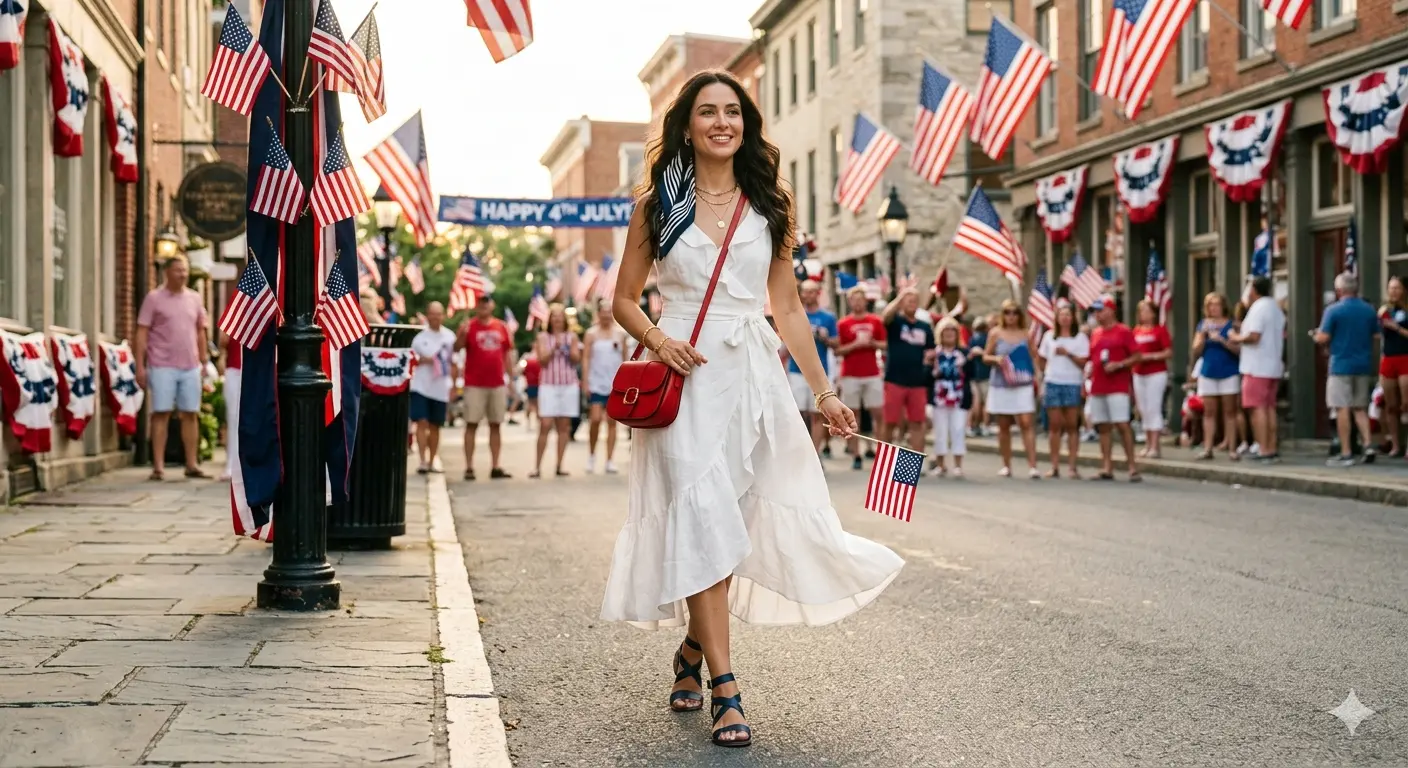 Stylish woman in elevated white midi dress walking near American flag decorations on 4th of July