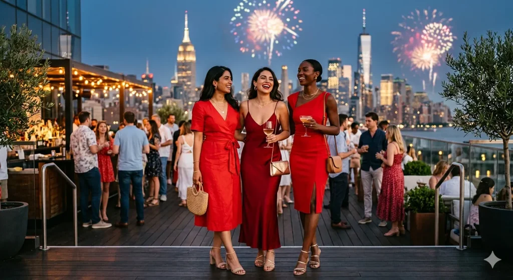 Group of friends in bold red dresses and festive outfits at a 4th of July evening rooftop party
