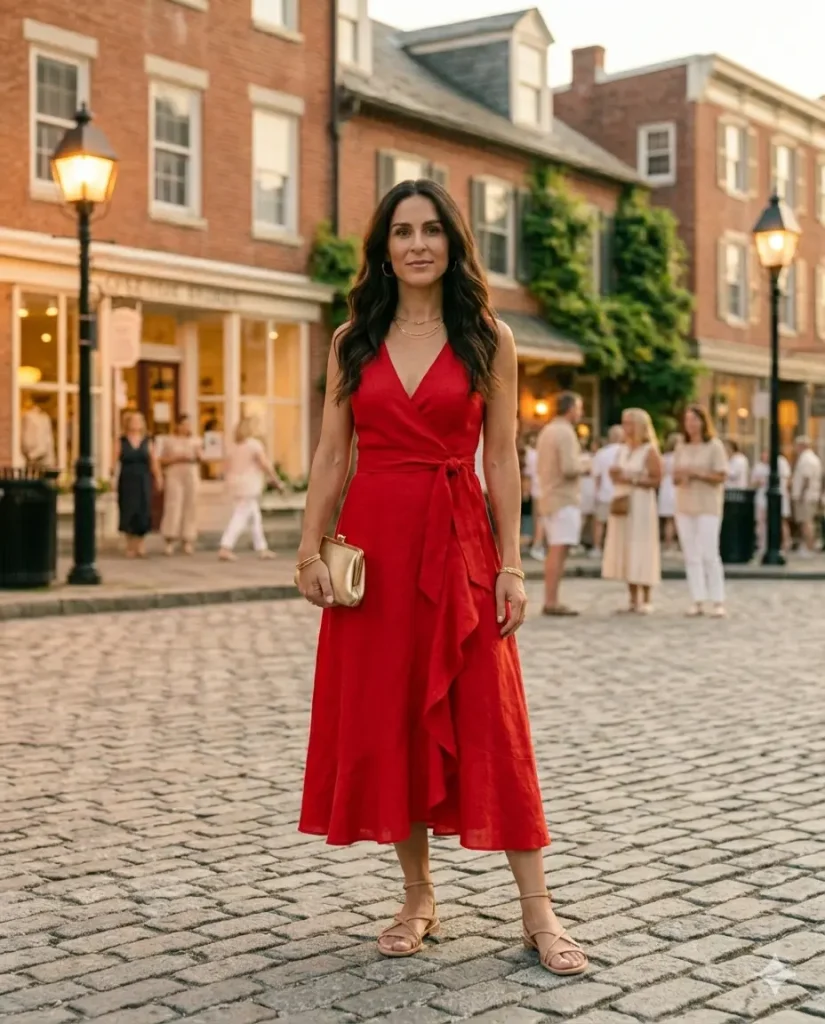 Woman in bold red linen midi dress with gold sandals for 4th of July evening celebration