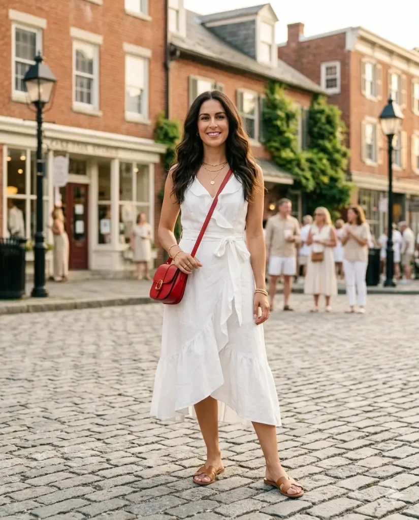 Woman wearing elevated white linen wrap dress with red sandals and gold jewelry for 4th of July