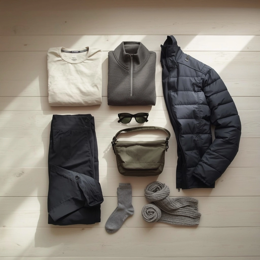 Flatlay of merino layers, rain jacket, and travel pants for New Zealand