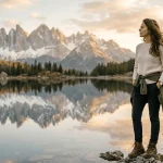 Woman in layered outfit standing by a New Zealand lake in spring