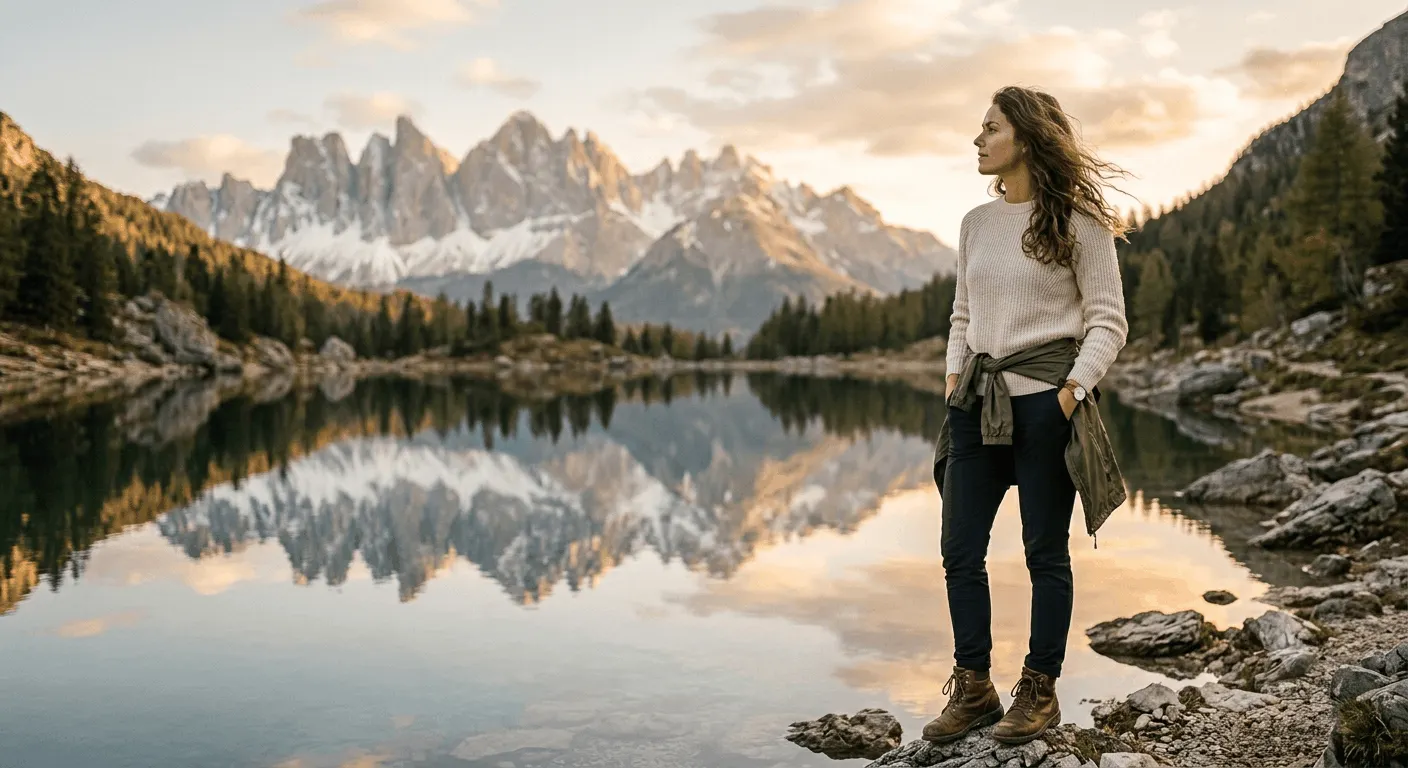Woman in layered outfit standing by a New Zealand lake in spring
