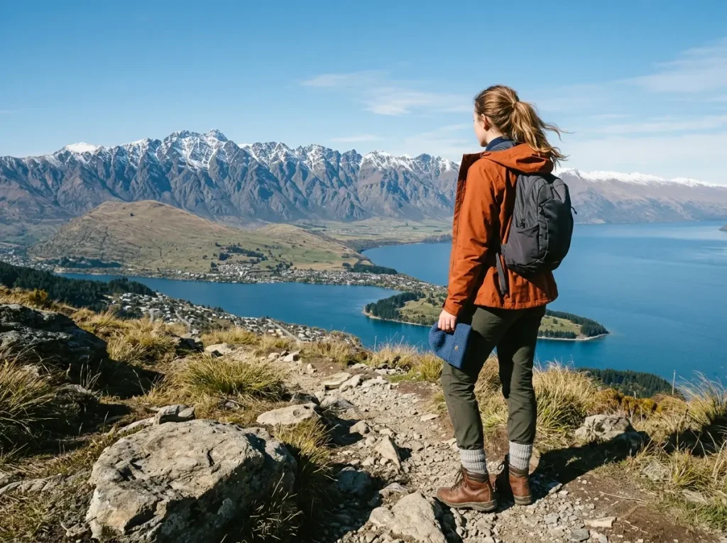 Layered hiking outfit against Queenstown mountain scenery