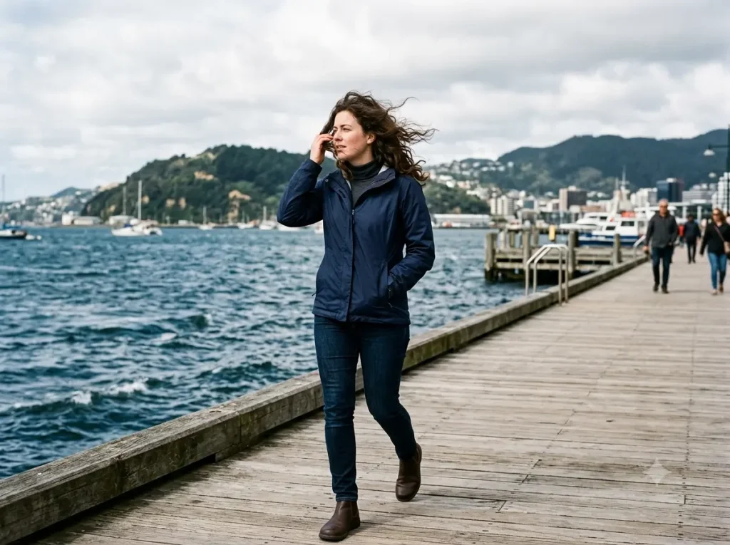 Candid street-style travel photograph on a bright, windy day. A woman walking along Wellington's waterfront wearing a merino base layer under a wind-resistant shell jacket, dark jeans, and closed-toe ankle boots