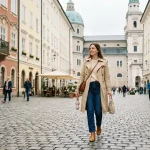 Woman in a trench coat walking through an Austrian city square in May