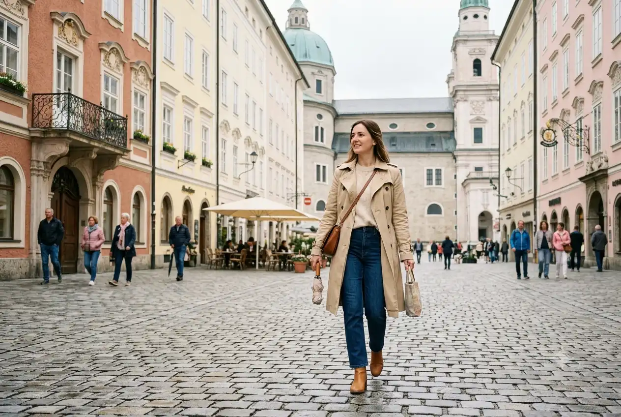 Woman in a trench coat walking through an Austrian city square in May