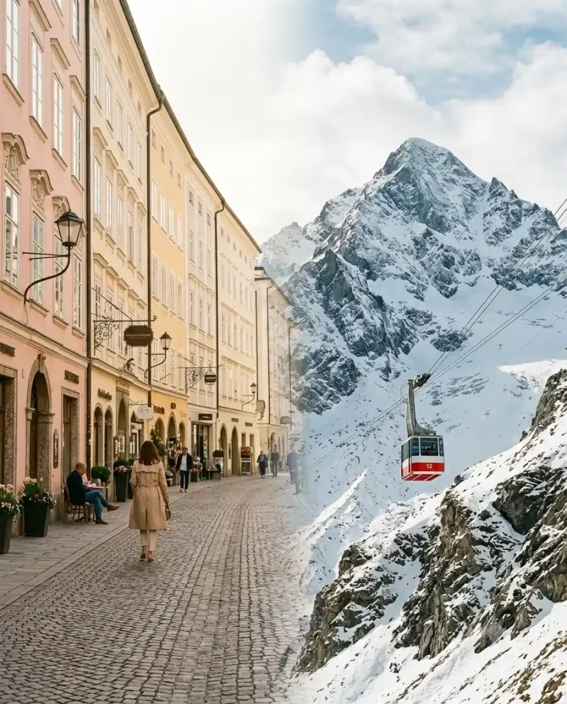 Split image comparing Austrian city and alpine climate in May