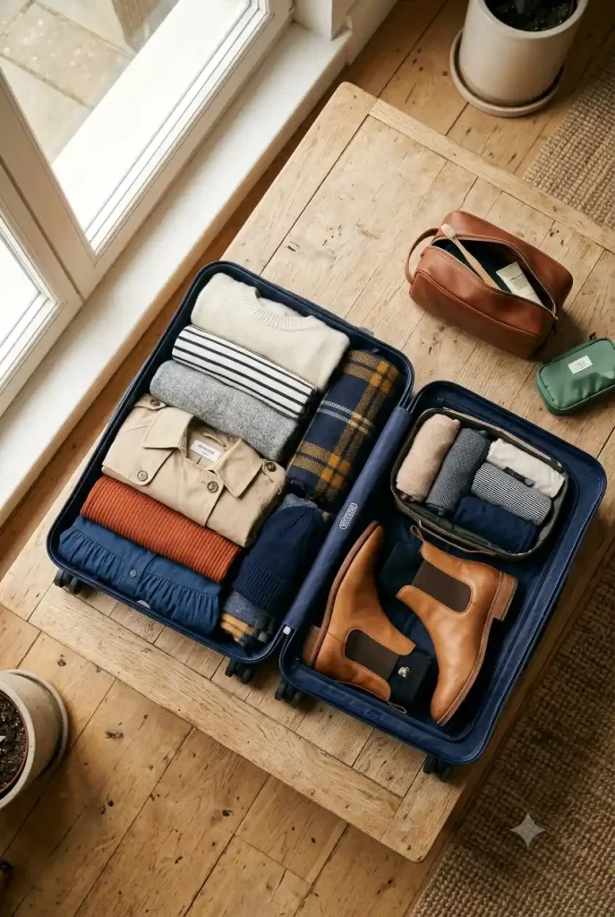 Packed suitcase with layered clothing for an Austria May trip