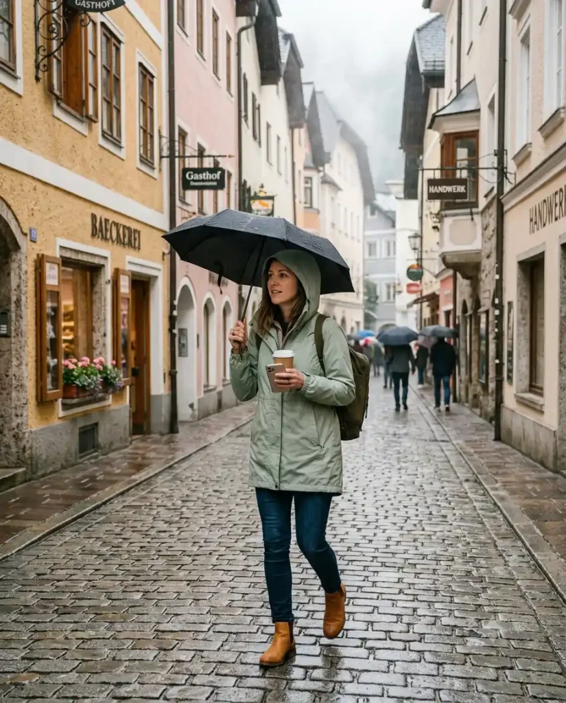 Rain-ready outfit for an unpredictable May shower in Austria