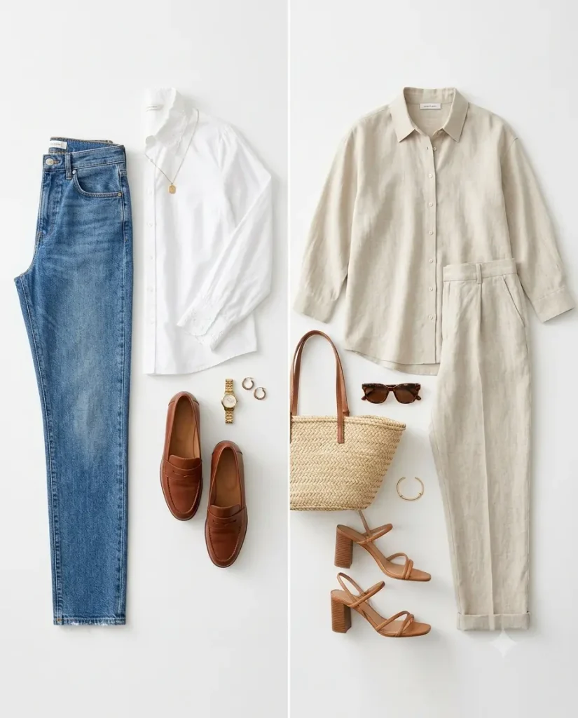 Casual versus dressy brunch outfit comparison flat lay