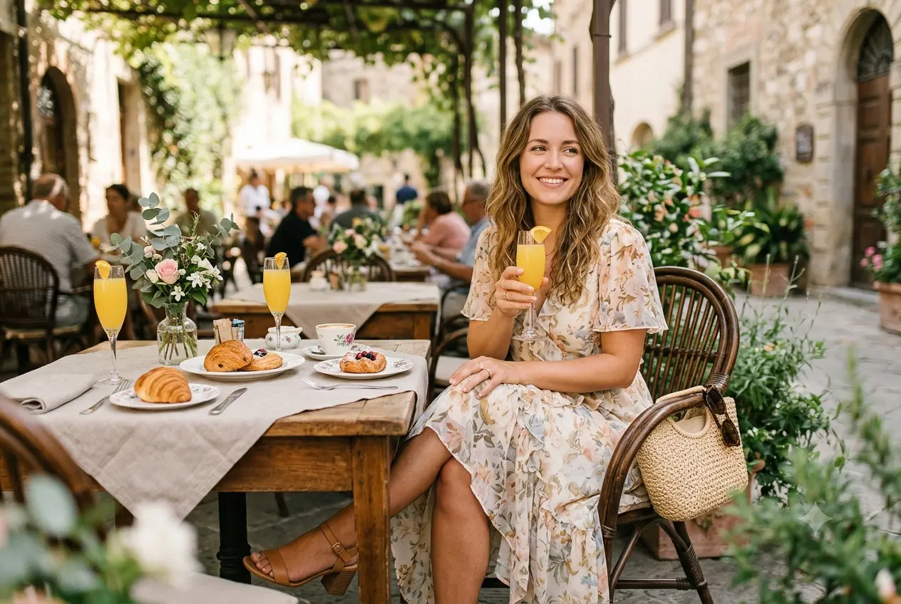 Woman in a floral midi dress at an outdoor brunch café table
