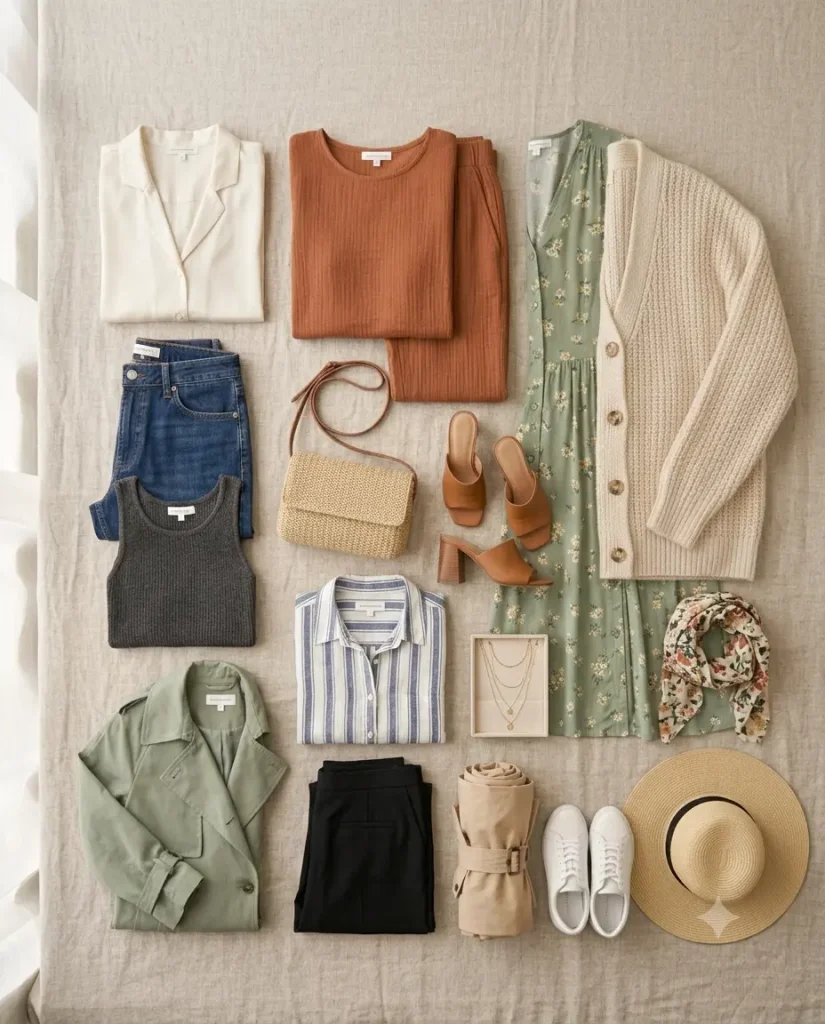Five-piece brunch outfit travel capsule wardrobe flat lay