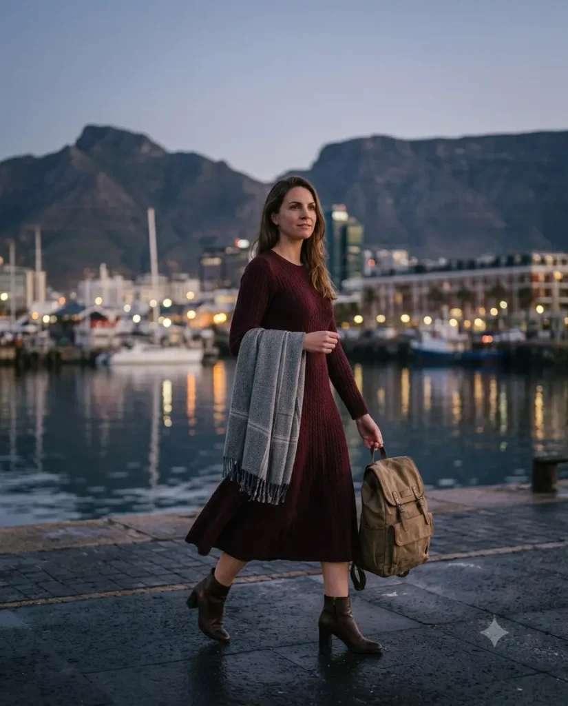 Woman in midi dress and ankle boots at V&A Waterfront restaurant at dusk